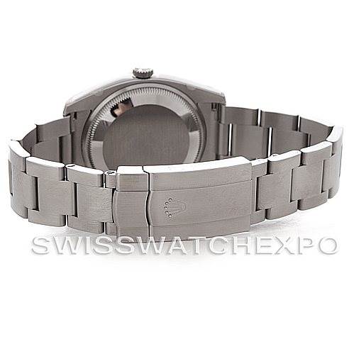 This image shows the back view of a Rolex Air-King 114200 Men's Stainless Steel Blue Dial 114200 Men's Stainless Steel Blue Dial watch, highlighting the bracelet and the closed clasp.