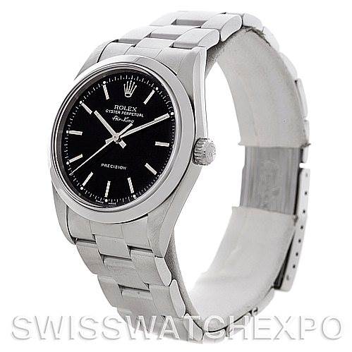 The image shows a side view of the Rolex Air-King 14000 Men's Stainless Steel Black Dial 14000 Men's Stainless Steel Black Dial watch, highlighting its bracelet, case, and black dial.