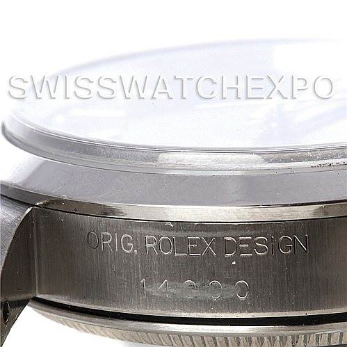 The image shows a side view of the bezel and case of a Rolex Air-King 14000 Men's Stainless Steel Black Dial 14000 Men's Stainless Steel Black Dial watch, highlighting the engraved model number.