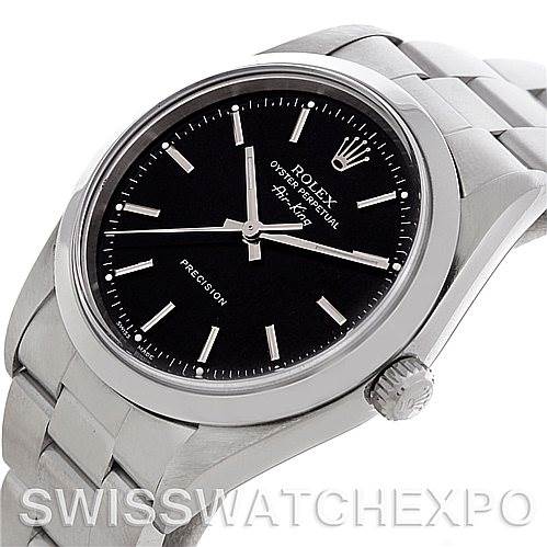 The image shows a close-up of a Rolex Air-King 14000 Men's Stainless Steel Black Dial 14000 Men's Stainless Steel Black Dial watch, highlighting its face, bezel, crown, and part of the bracelet.