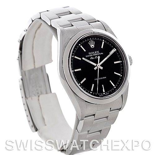 The Rolex Air-King 14000 Men's Stainless Steel Black Dial 14000 Men's Stainless Steel Black Dial watch is shown at a slight angle, highlighting the face, bezel, bracelet, and crown.