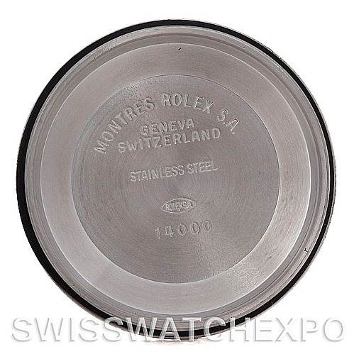 This image shows the back case of a Rolex Air-King 14000 Men's Stainless Steel Black Dial 14000 Men's Stainless Steel Black Dial watch, displaying the brand's engravings and model number.