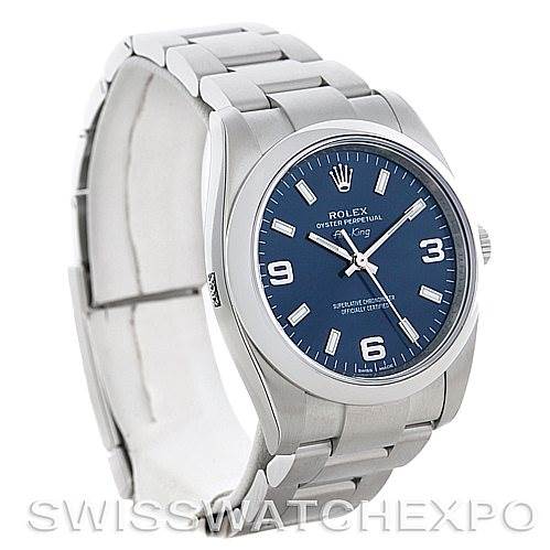 This image shows a Rolex Air-King 114200 Men's Stainless Steel Blue Dial 114200 Men's Stainless Steel Blue Dial watch at a three-quarter angle highlighting its blue dial, stainless steel case, and bracelet.
