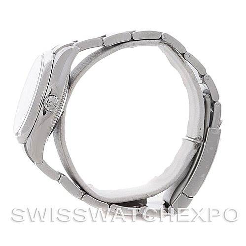 The image shows a side view of the Rolex Air-King 114200 Men's Stainless Steel Blue Dial 114200 Men's Stainless Steel Blue Dial watch, focusing on the case, bracelet, and crown.