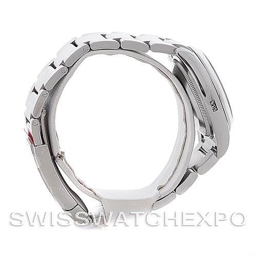 The Rolex Air-King 114200 Men's Stainless Steel Blue Dial 114200 Men's Stainless Steel Blue Dial watch is shown from a side profile, highlighting the bracelet and case.