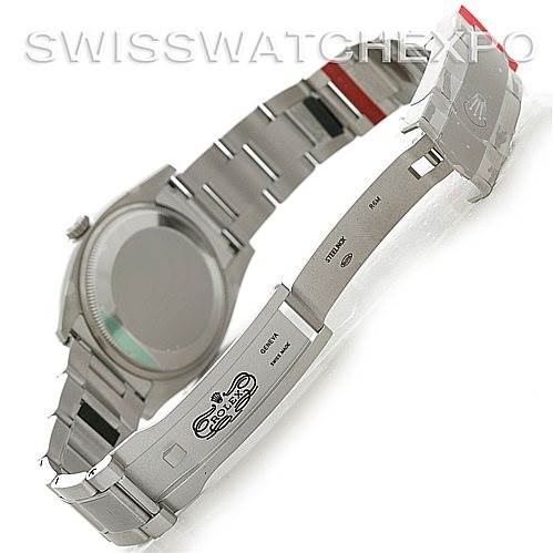 The image shows the open clasp, bracelet, and case back of the Rolex Air-King 114200 Men's Stainless Steel Blue Dial 114200 Men's Stainless Steel Blue Dial watch from a top-down angle.