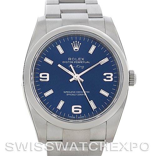 The image shows a front view of a Rolex Air-King 114200 Men's Stainless Steel Blue Dial 114200 Men's Stainless Steel Blue Dial watch, displaying the dial, bezel, crown, and part of the bracelet.