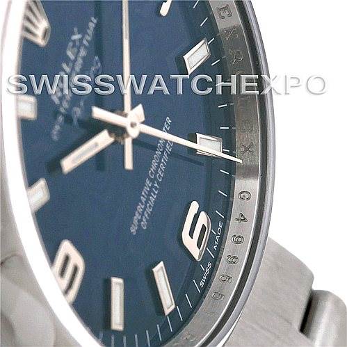 The image shows a close-up, angled view of the Rolex Air-King 114200 Men's Stainless Steel Blue Dial 114200 Men's Stainless Steel Blue Dial watch face, focusing on the dial and part of the bracelet.