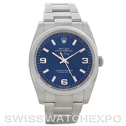 This image shows a front view of a Rolex Air-King 114200 Men's Stainless Steel Blue Dial 114200 Men's Stainless Steel Blue Dial watch, displaying its blue dial, hour markers, hands, and the stainless steel bracelet.