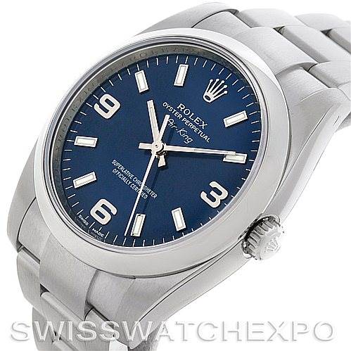 This image shows a Rolex Air-King 114200 Men's Stainless Steel Blue Dial 114200 Men's Stainless Steel Blue Dial watch at a three-quarter angle, highlighting the blue dial, stainless steel case, and bracelet.