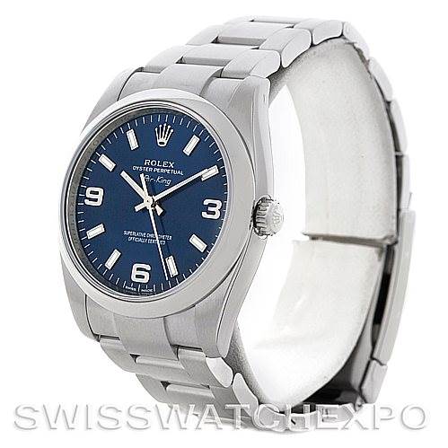 The image shows a Rolex Air-King 114200 Men's Stainless Steel Blue Dial 114200 Men's Stainless Steel Blue Dial watch angled to display its side, face, and part of the bracelet.
