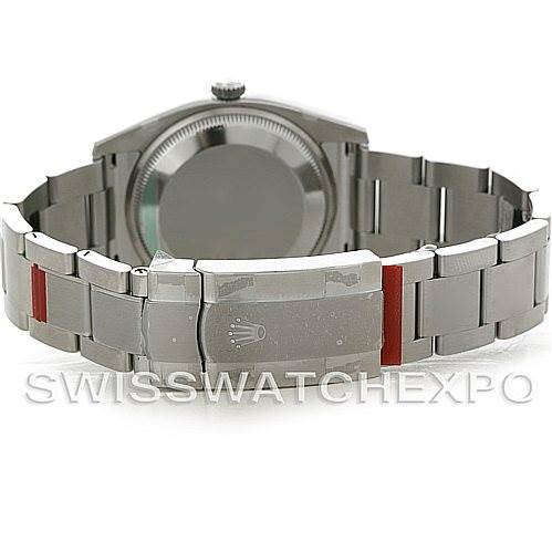 The image shows the back view of a Rolex Air-King 114200 Men's Stainless Steel Blue Dial 114200 Men's Stainless Steel Blue Dial watch, highlighting the clasp and part of the bracelet.