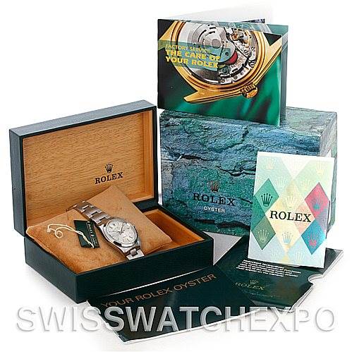 The image shows a Rolex Air-King 14000 Men's Stainless Steel Silver Dial 14000 Men's Stainless Steel Silver Dial watch at a slight angle, along with its box, manual, and warranty cards.
