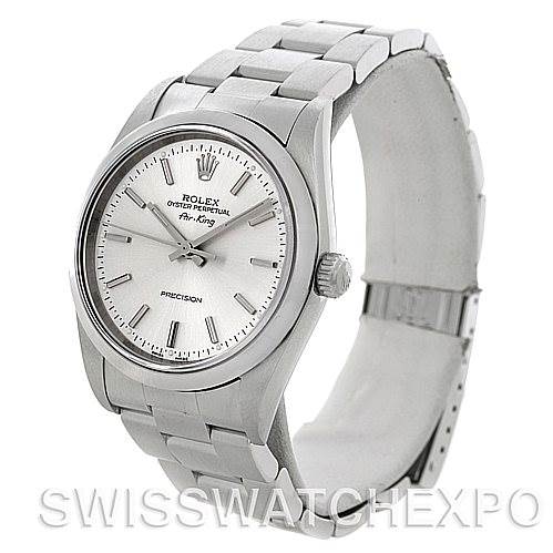 The Rolex Air-King 14000 Men's Stainless Steel Silver Dial 14000 Men's Stainless Steel Silver Dial watch is shown at a 3/4 angle, highlighting its face, bezel, crown, and bracelet.