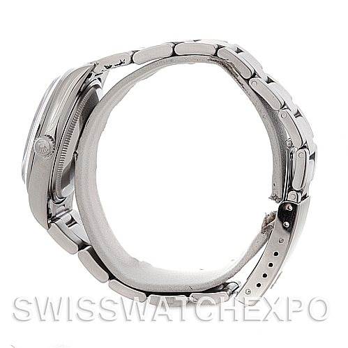 The image shows a side profile of a Rolex Air-King 14000 Men's Stainless Steel Silver Dial 14000 Men's Stainless Steel Silver Dial watch, highlighting the case, crown, and metal bracelet.