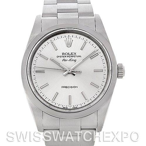 This image shows a front view of a Rolex Air-King 14000 Men's Stainless Steel Silver Dial 14000 Men's Stainless Steel Silver Dial watch, displaying the face, bezel, and part of the bracelet.