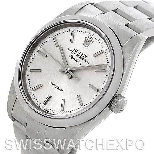 This image shows the Rolex Air-King 14000 Men's Stainless Steel Silver Dial 14000 Men's Stainless Steel Silver Dial watch from a front-side angle, highlighting the dial, bezel, case, and bracelet.