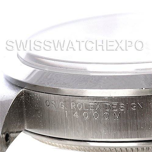 The image shows a side angle view of the Rolex Air-King 14000 Men's Stainless Steel Silver Dial 14000 Men's Stainless Steel Silver Dial watch case, displaying the "ORIG. ROLEX DESIGN 14000M" engraving.
