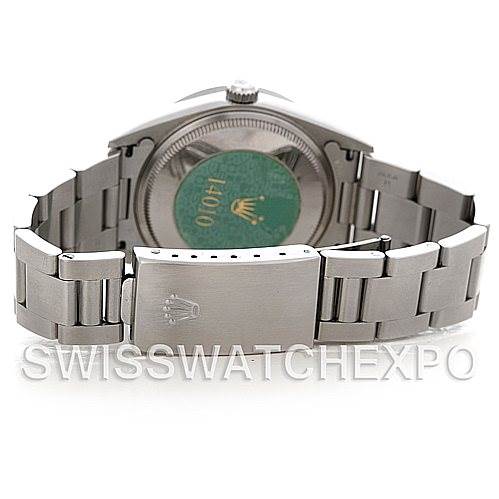The image shows the back of a Rolex Air-King 14010 Men's Stainless Steel White Dial 14010 Men's Stainless Steel White Dial watch, highlighting the watch case, case back, and the bracelet with the clasp open.
