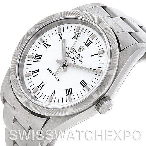 The image shows a Rolex Air-King 14010 Men's Stainless Steel White Dial 14010 Men's Stainless Steel White Dial watch at a slight angle, highlighting its dial, bezel, bracelet, and crown.
