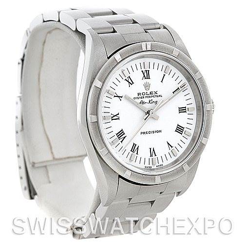 The image shows a Rolex Air-King 14010 Men's Stainless Steel White Dial 14010 Men's Stainless Steel White Dial watch at a slight angle, highlighting its dial, bezel, bracelet, and crown.