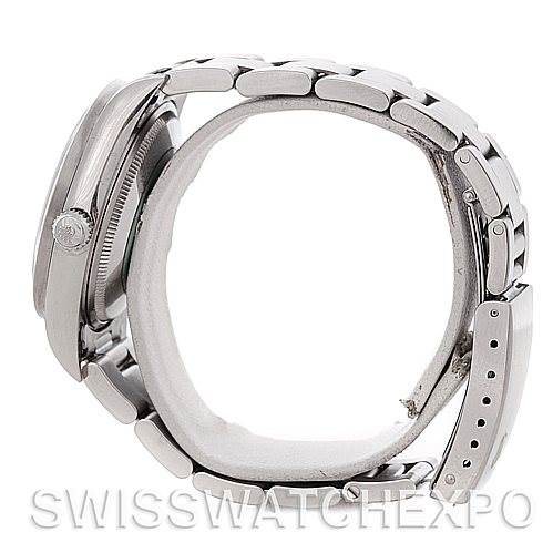 The image shows a side view of the Rolex Air-King 14010 Men's Stainless Steel White Dial 14010 Men's Stainless Steel White Dial, highlighting the case, crown, and metal bracelet.