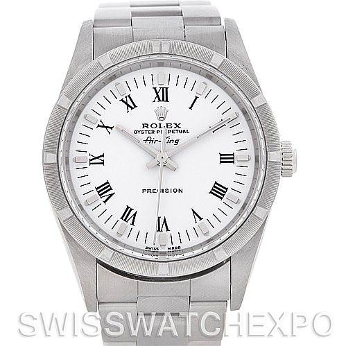 This image shows a frontal view of the Rolex Air-King 14010 Men's Stainless Steel White Dial 14010 Men's Stainless Steel White Dial watch, highlighting its white dial, Roman numerals, and stainless steel bracelet.