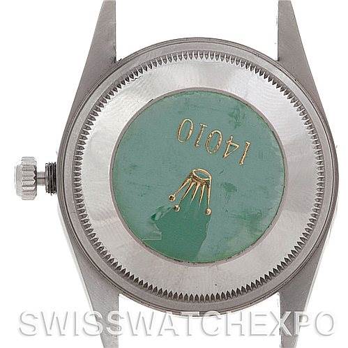 This image shows the back of a Rolex Air-King 14010 Men's Stainless Steel White Dial 14010 Men's Stainless Steel White Dial watch case, focusing on the rear panel and crown.