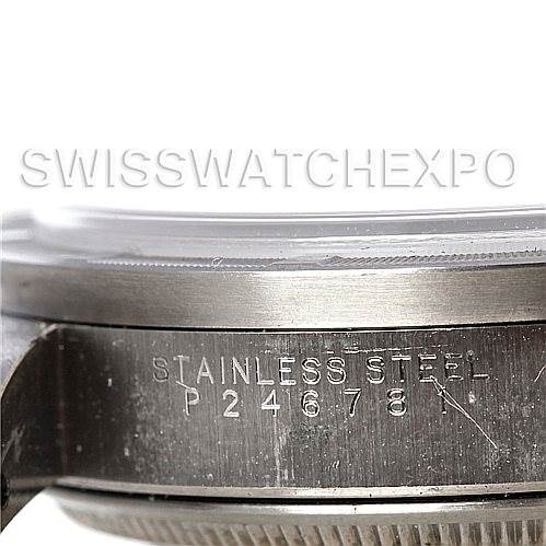 The image shows a close-up side view of the stainless steel caseback of a Rolex Air-King 14010 Men's Stainless Steel White Dial 14010 Men's Stainless Steel White Dial watch, highlighting its serial number.