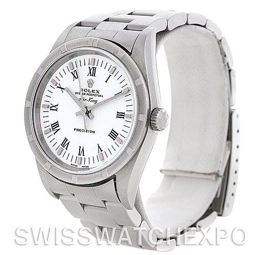 The image shows a Rolex Air-King 14010 Men's Stainless Steel White Dial 14010 Men's Stainless Steel White Dial watch at an angle, displaying the face, bezel, crown, and bracelet.