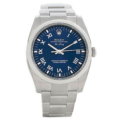 The Rolex Air-King 114200 Men's Stainless Steel Blue Dial 114200 Men's Stainless Steel Blue Dial watch is shown from a top-down angle, displaying the face, bezel, and bracelet.