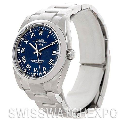This image shows a side angle of a Rolex Air-King 114200 Men's Stainless Steel Blue Dial 114200 Men's Stainless Steel Blue Dial watch, displaying the face, bezel, crown, and part of the metal bracelet.