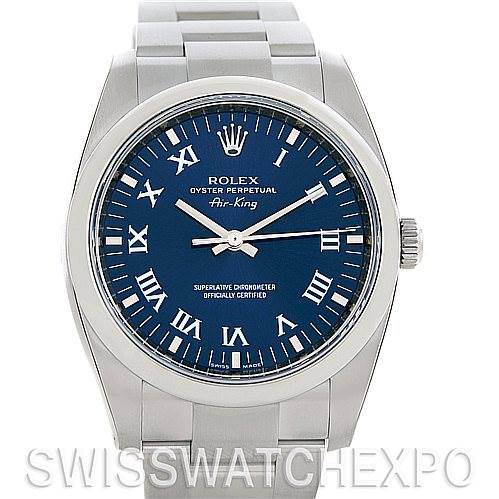 The image shows a front view of the Rolex Air-King 114200 Men's Stainless Steel Blue Dial 114200 Men's Stainless Steel Blue Dial watch, displaying its blue dial, Roman numeral markers, and stainless steel bracelet.