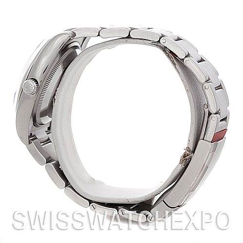 This image shows a side view of a Rolex Air-King 114200 Men's Stainless Steel Blue Dial 114200 Men's Stainless Steel Blue Dial watch emphasizing the bracelet and lugs.