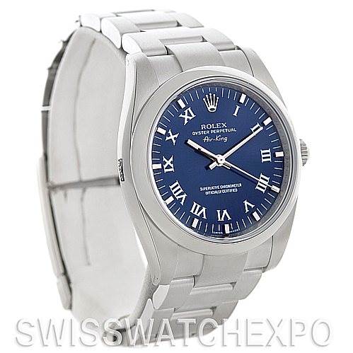 The image shows a Rolex Air-King 114200 Men's Stainless Steel Blue Dial 114200 Men's Stainless Steel Blue Dial watch from a front angle, highlighting its blue dial, Roman numerals, and stainless steel bracelet.
