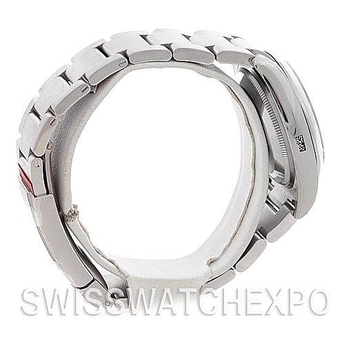 The image shows a side view of the Rolex Air-King 114200 Men's Stainless Steel Blue Dial 114200 Men's Stainless Steel Blue Dial watch, highlighting its bracelet and clasp.