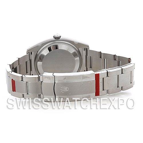 The image shows the back view of a Rolex Air-King 114200 Men's Stainless Steel Blue Dial 114200 Men's Stainless Steel Blue Dial watch, focusing on the bracelet and case back.