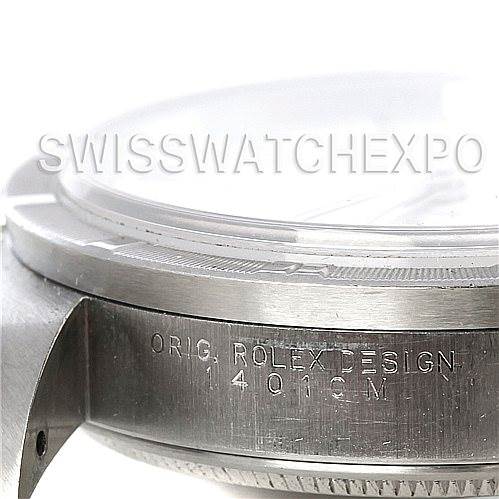 This image shows a close-up, side view of a Rolex Air-King 14010 Men's Stainless Steel White Dial 14010 Men's Stainless Steel White Dial watch case, focusing on the model number and markings etched into the side.