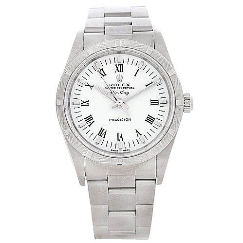 The image shows a front view of a Rolex Air-King 14010 Men's Stainless Steel White Dial 14010 Men's Stainless Steel White Dial watch, displaying its face, bezel, crown, and bracelet.