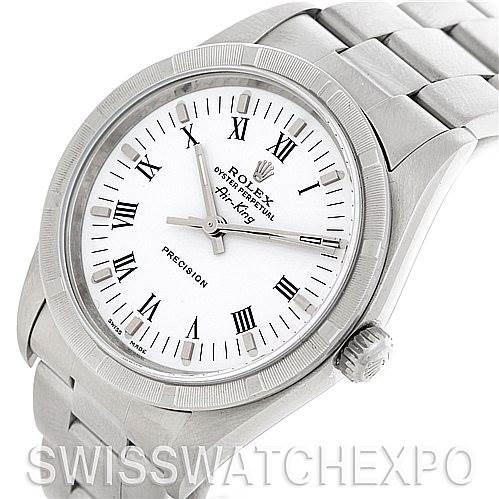 The image shows a Rolex Air-King 14010 Men's Stainless Steel White Dial 14010 Men's Stainless Steel White Dial watch angled to display its face, bezel, crown, and part of the bracelet.
