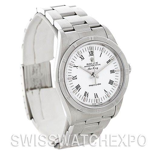 This image shows a Rolex Air-King 14010 Men's Stainless Steel White Dial 14010 Men's Stainless Steel White Dial watch from a front angle, displaying its face, bezel, and band.