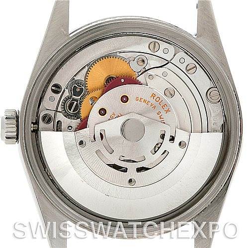 This image shows the internal mechanics and movement of a Rolex Air-King 14000 Men's Stainless Steel Black Dial 14000 Men's Stainless Steel Black Dial watch from a back view angle.