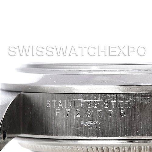 The image shows a close-up angle of the side of the Rolex Air-King 14000 Men's Stainless Steel Black Dial 14000 Men's Stainless Steel Black Dial watch, focusing on the stainless steel material and serial number.
