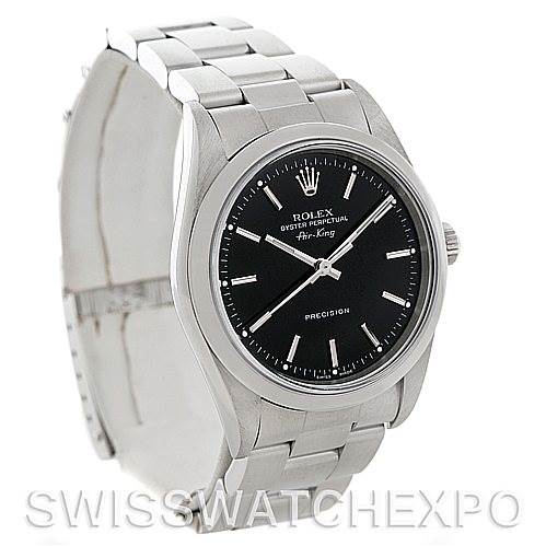 The image shows a Rolex Air-King 14000 Men's Stainless Steel Black Dial 14000 Men's Stainless Steel Black Dial watch at a three-quarter angle, displaying the face, bezel, and part of the bracelet.