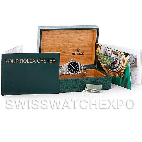 The image shows a Rolex Air-King 14000 Men's Stainless Steel Black Dial 14000 Men's Stainless Steel Black Dial watch with its box, manuals, and tags from a front angle.