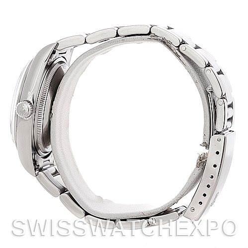 The image shows a side view of a Rolex Air-King 14000 Men's Stainless Steel Black Dial 14000 Men's Stainless Steel Black Dial watch, highlighting the case, crown, and metal bracelet.