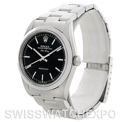 The image shows a Rolex Air-King 14000 Men's Stainless Steel Black Dial 14000 Men's Stainless Steel Black Dial watch at a three-quarter angle displaying the watch face, case, and bracelet.
