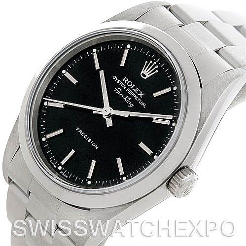 This is an angled view showing the face, bezel, crown, and part of the band of the Rolex Air-King 14000 Men's Stainless Steel Black Dial 14000 Men's Stainless Steel Black Dial watch.