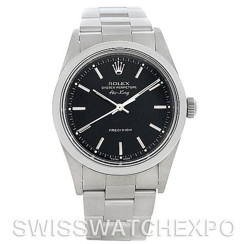 This is a front view of the Rolex Air-King 14000 Men's Stainless Steel Black Dial 14000 Men's Stainless Steel Black Dial watch, showing the dial, case, crown, and bracelet.