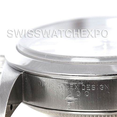 This is a close-up shot of the side of the case and crystal of a Rolex Air-King 14000 Men's Stainless Steel Silver Dial 14000 Men's Stainless Steel Silver Dial watch, showing the engravings on the case.